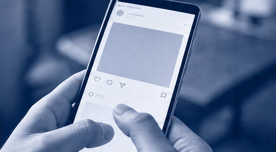 スマートフォンの投稿の画面を見つめる手元