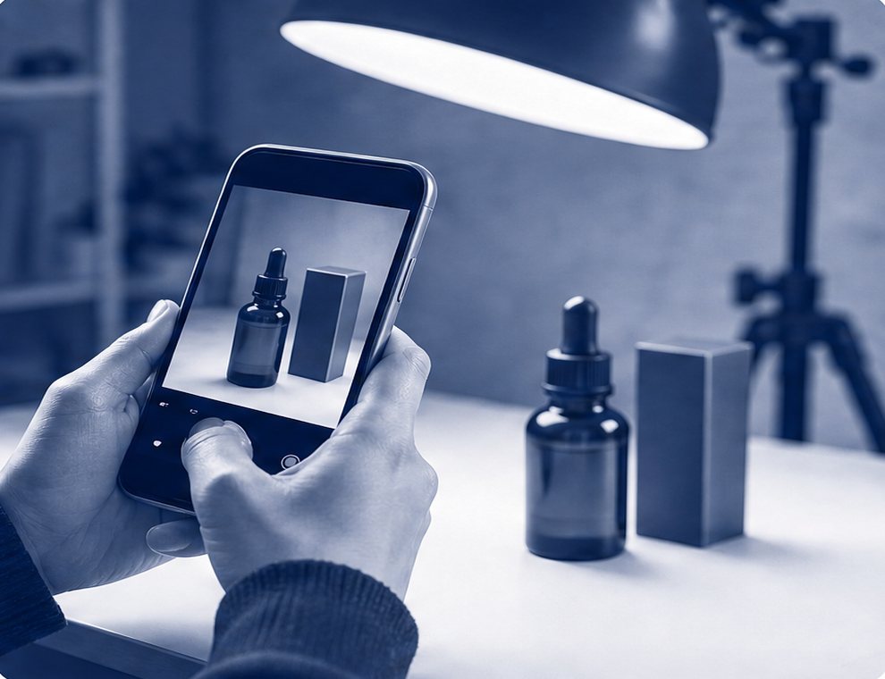 照明の下の商品をスマートフォンで撮る手元